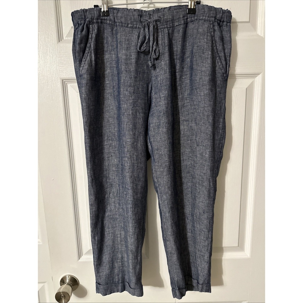 Allen Allen Pants Women's Denim Look 100% Linen Pull On Crop With Cuff‎ Large